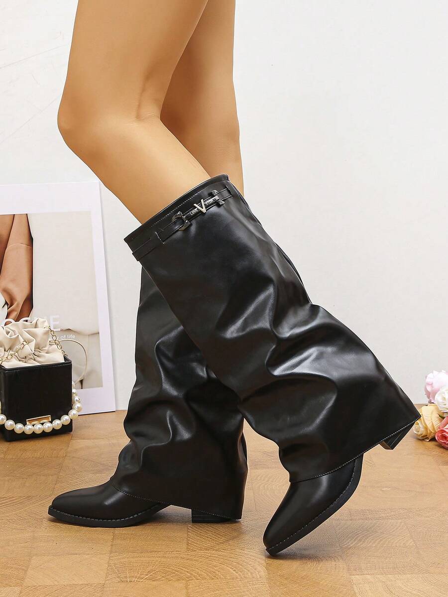 Spello Fold Over Knee High Boots with Pointed Toe – Women's Pleated Faux Leather Slouch Dress Boots with Block Heel Mensa