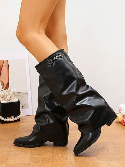 Spello Fold Over Knee High Boots with Pointed Toe – Women's Pleated Faux Leather Slouch Dress Boots with Block Heel Mensa