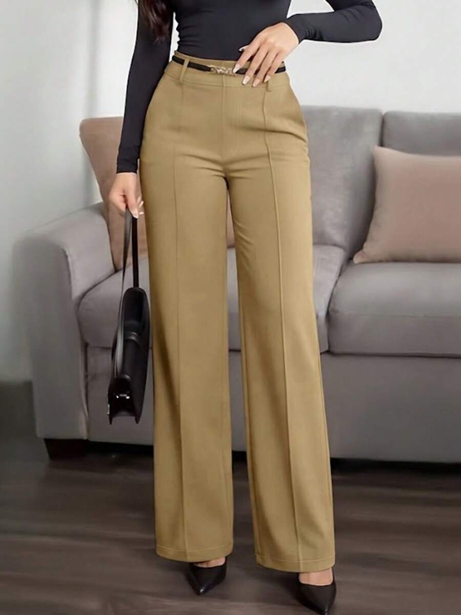 Honora High Waist Seamed Straight Leg Trousers - Khaki