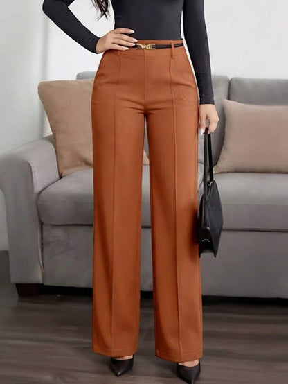 Honora High Waist Seamed Straight Leg Trousers - Cognac Brown