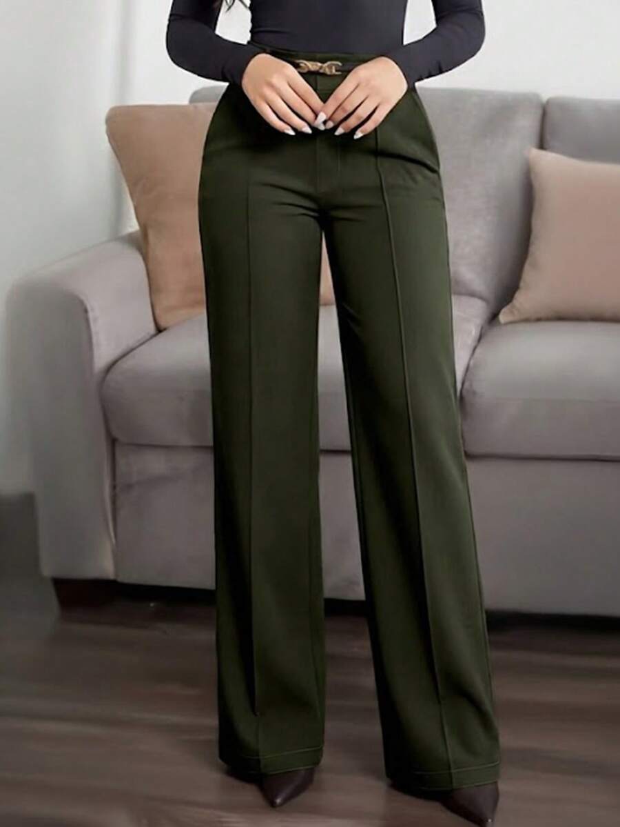 Honora High Waist Seamed Straight Leg Trousers - Army Green