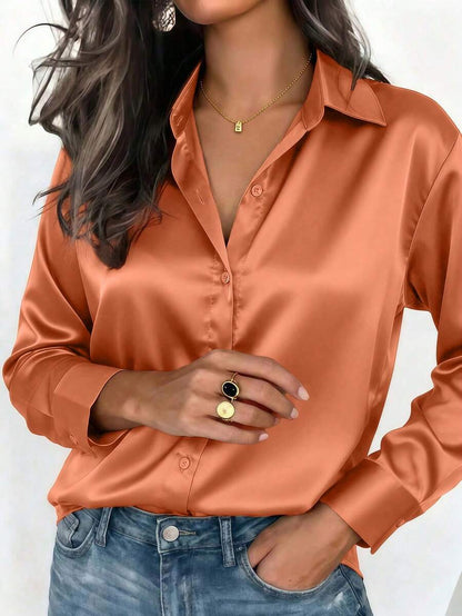 Valeria Satin Long Sleeve Button Down Collared Shirt - Burnt Orange