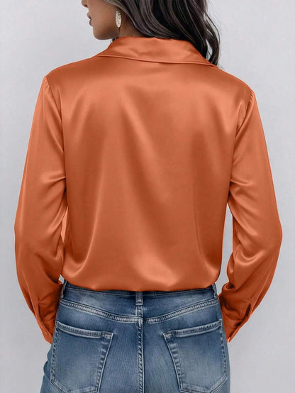 Valeria Satin Long Sleeve Button Down Collared Shirt - Burnt Orange