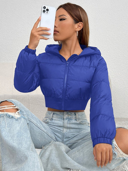 Annika Cropped Hooded Puffer Jacket with Zip Front - Royal Blue
