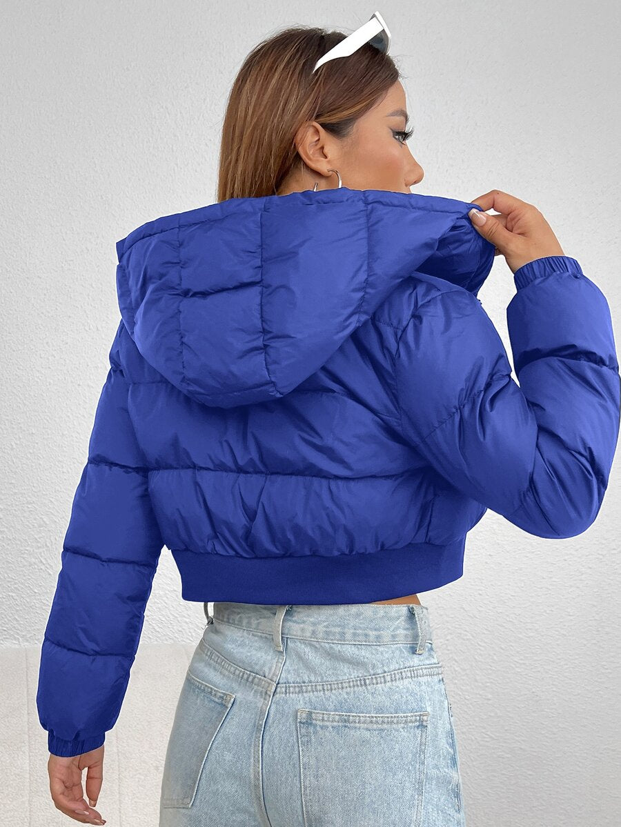 Annika Cropped Hooded Puffer Jacket with Zip Front - Royal Blue