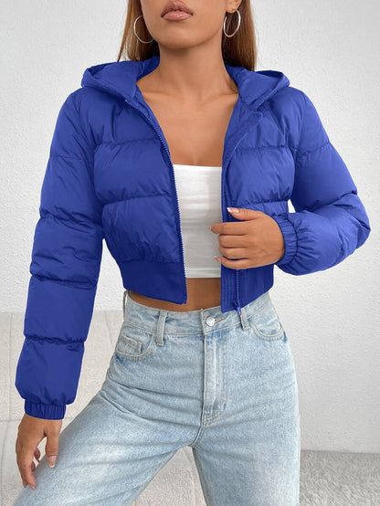 Annika Cropped Hooded Puffer Jacket with Zip Front - Royal Blue
