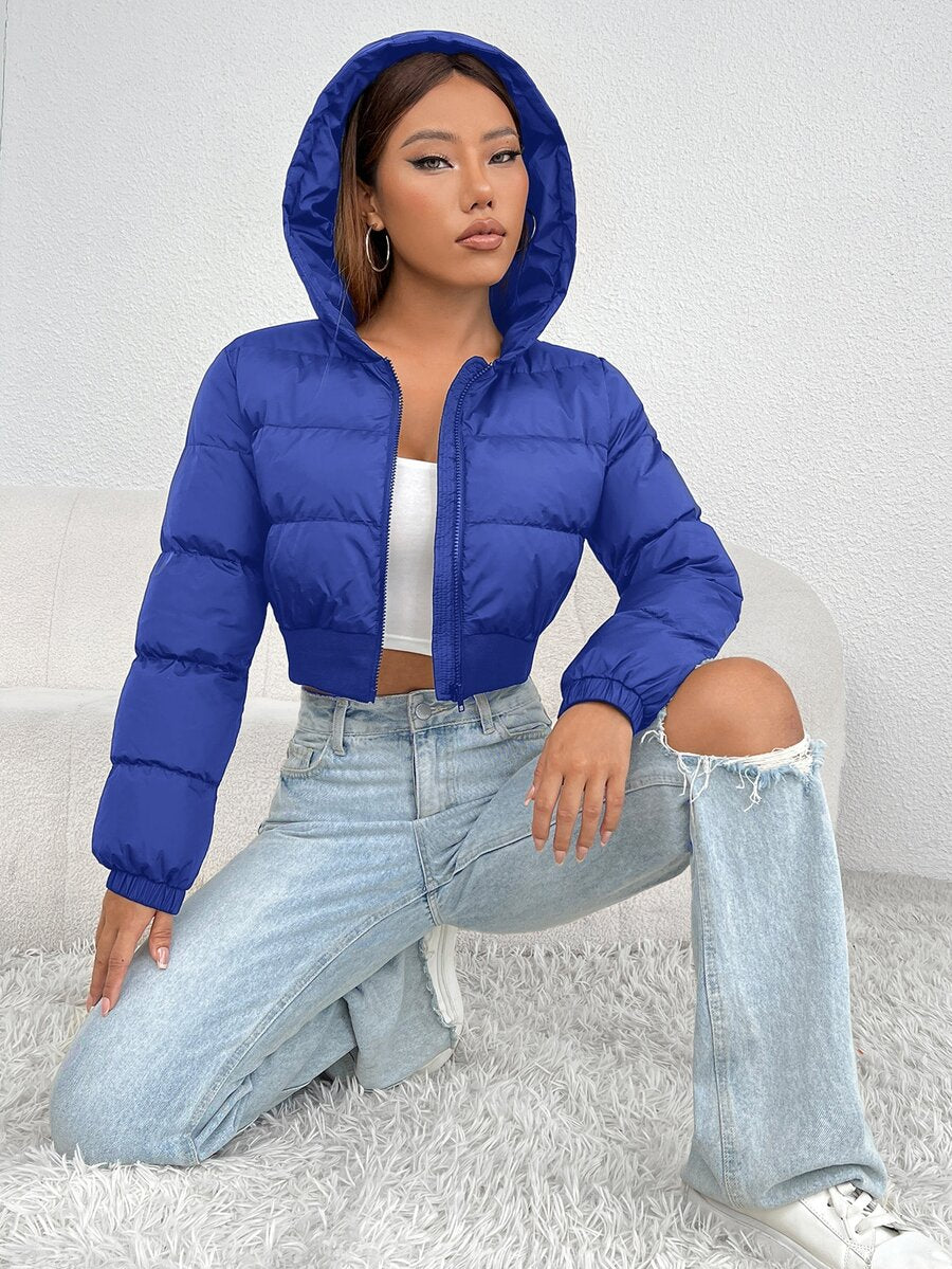 Annika Cropped Hooded Puffer Jacket with Zip Front - Royal Blue