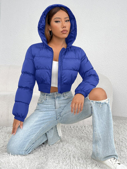 Annika Cropped Hooded Puffer Jacket with Zip Front - Royal Blue