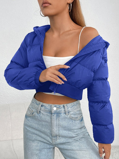 Annika Cropped Hooded Puffer Jacket with Zip Front - Royal Blue