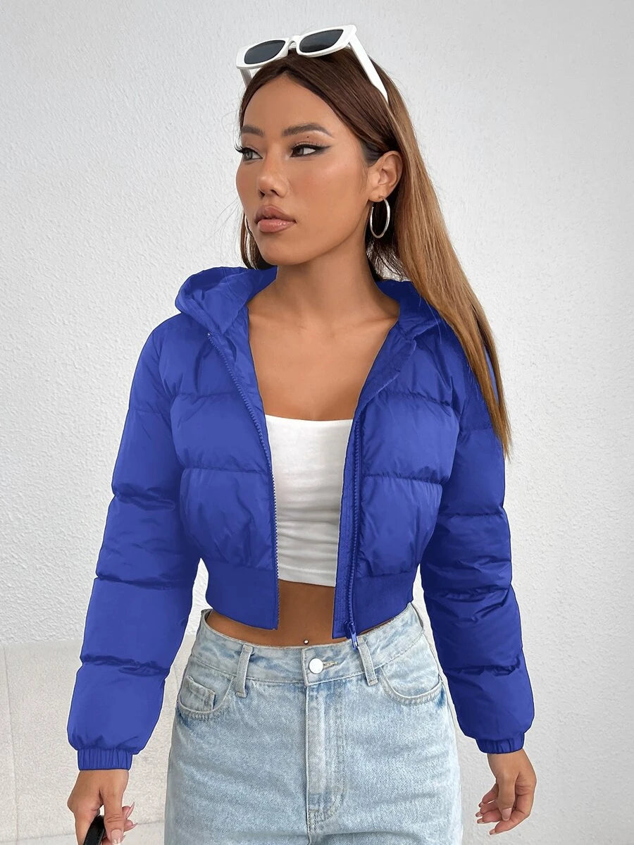 Annika Cropped Hooded Puffer Jacket with Zip Front - Royal Blue