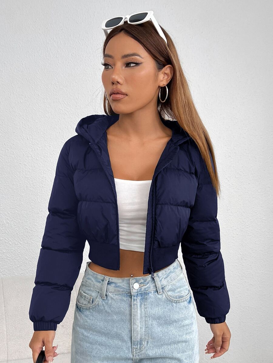 Annika Cropped Hooded Puffer Jacket with Zip Front - Navy