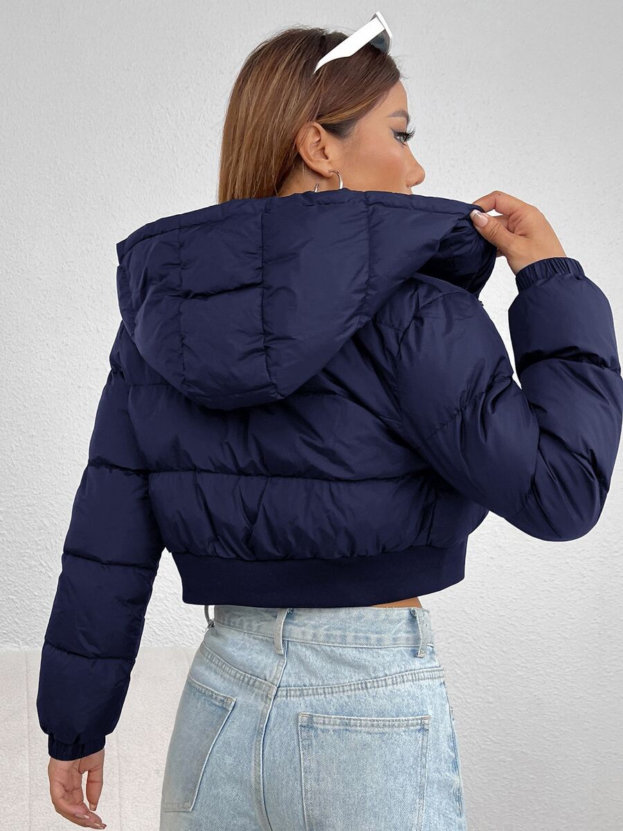 Annika Cropped Hooded Puffer Jacket with Zip Front - Navy