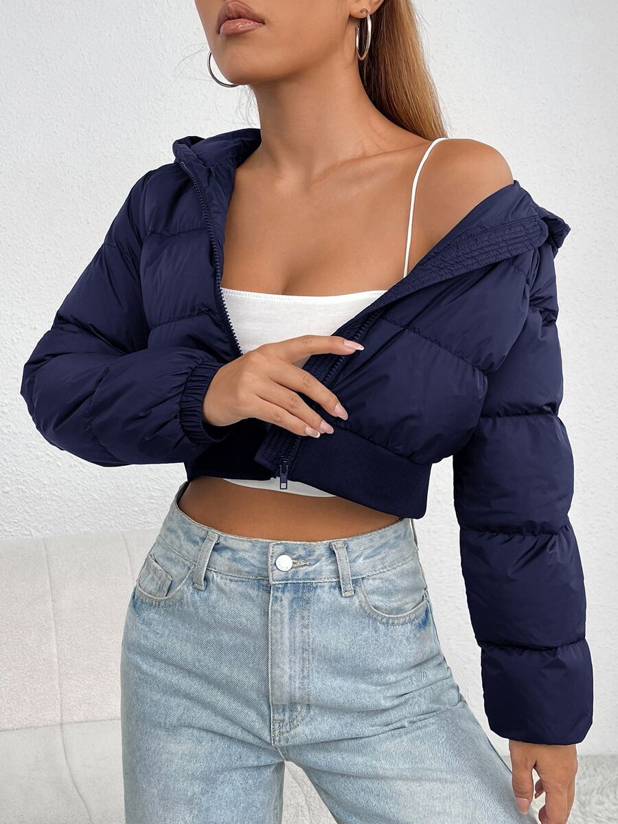 Annika Cropped Hooded Puffer Jacket with Zip Front - Navy
