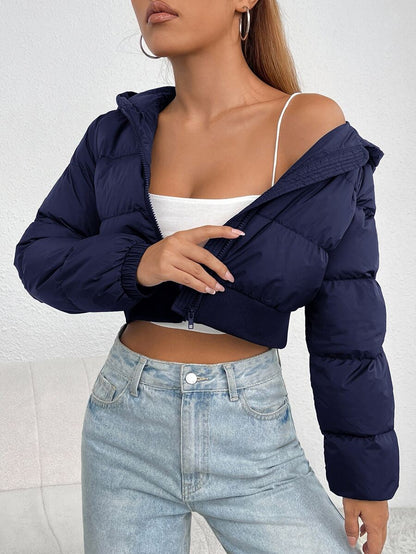 Annika Cropped Hooded Puffer Jacket with Zip Front - Navy
