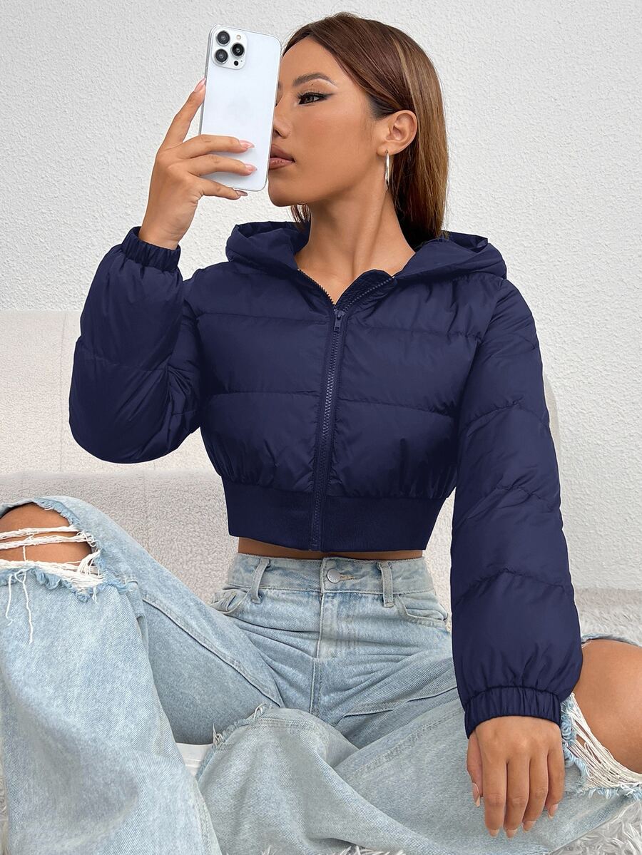 Annika Cropped Hooded Puffer Jacket with Zip Front - Navy