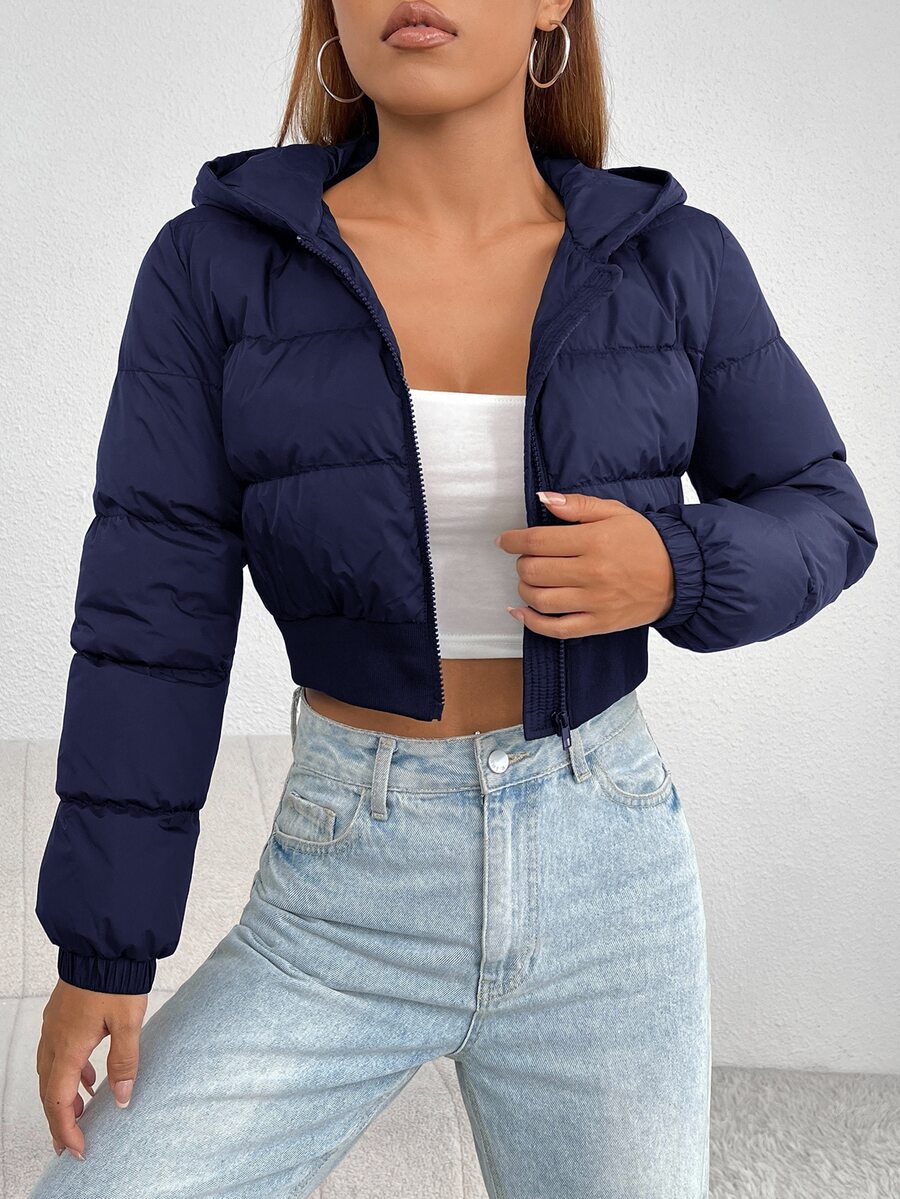 Annika Cropped Hooded Puffer Jacket with Zip Front - Navy