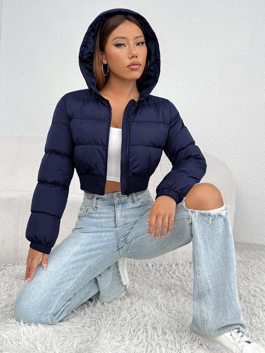 Annika Cropped Hooded Puffer Jacket with Zip Front - Navy