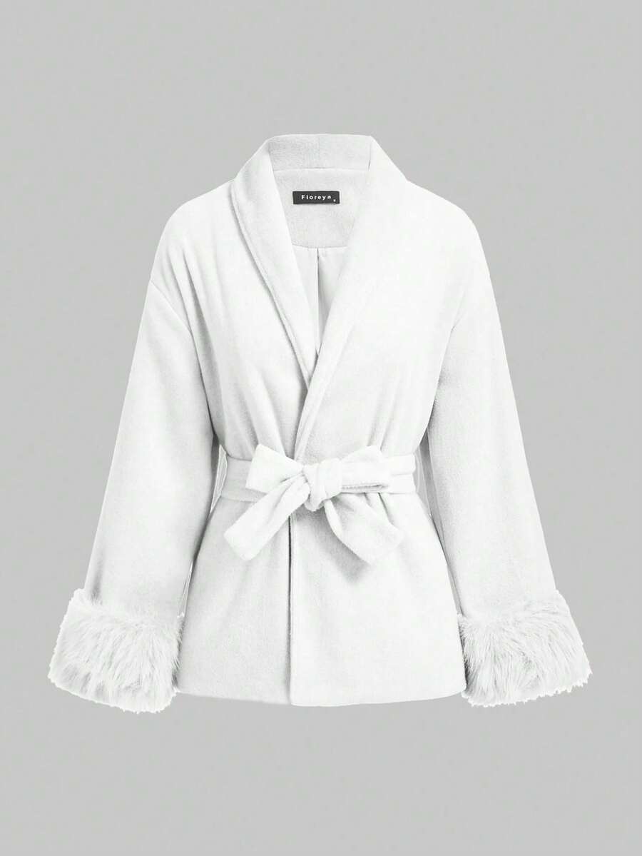 Flavia Belted Wrap Coat with Faux Fur Cuffs and Shawl Collar - Ivory