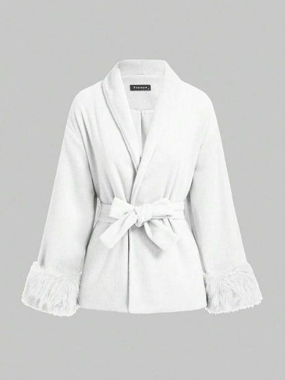 Flavia Belted Wrap Coat with Faux Fur Cuffs and Shawl Collar - Ivory