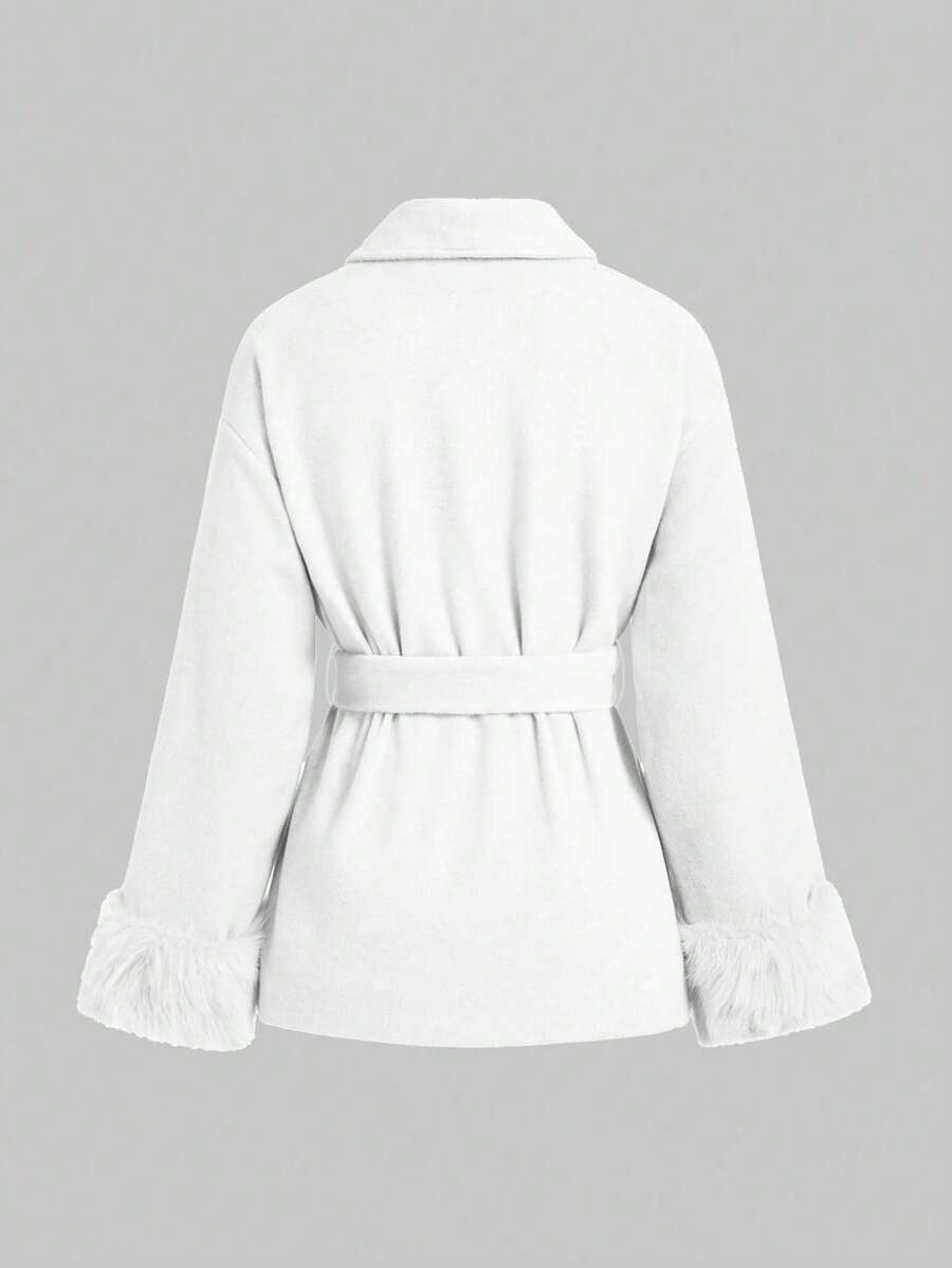 Flavia Belted Wrap Coat with Faux Fur Cuffs and Shawl Collar - Ivory