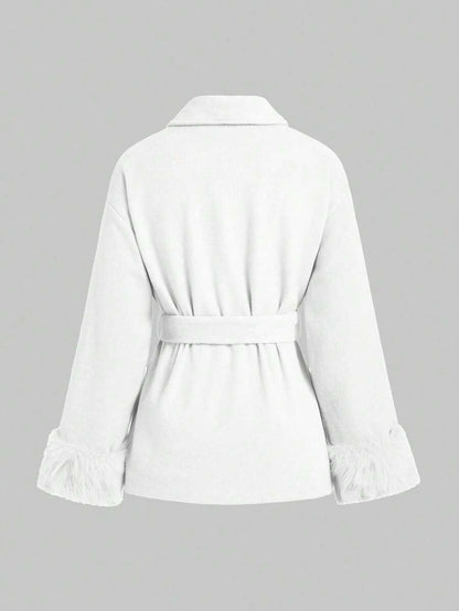 Flavia Belted Wrap Coat with Faux Fur Cuffs and Shawl Collar - Ivory
