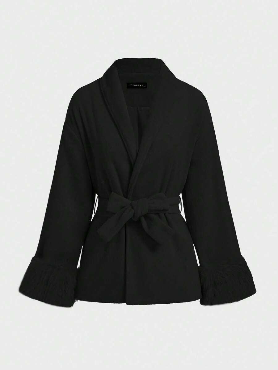 Flavia Belted Wrap Coat with Faux Fur Cuffs and Shawl Collar - Black