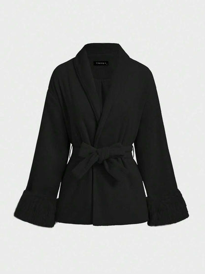 Flavia Belted Wrap Coat with Faux Fur Cuffs and Shawl Collar - Black
