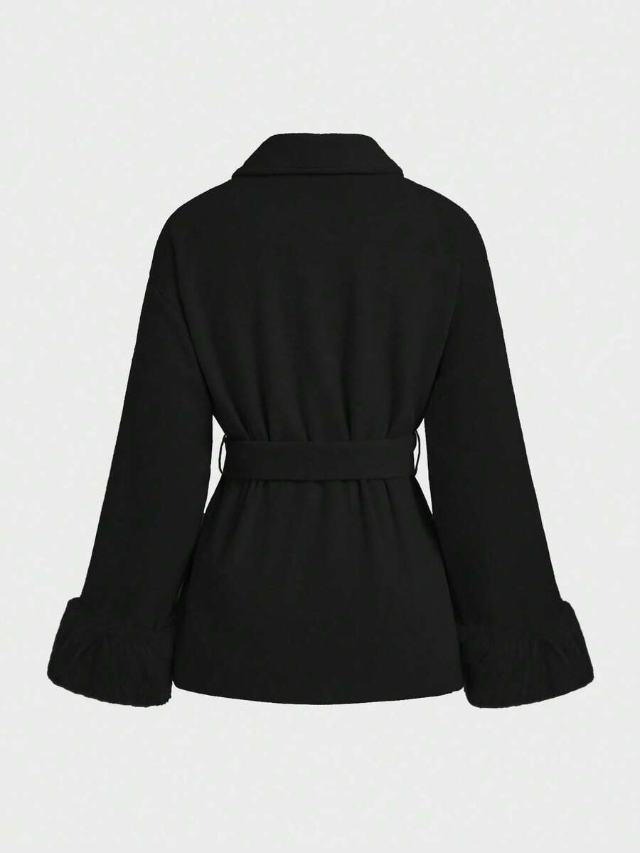 Flavia Belted Wrap Coat with Faux Fur Cuffs and Shawl Collar - Black