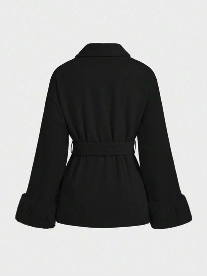 Flavia Belted Wrap Coat with Faux Fur Cuffs and Shawl Collar - Black