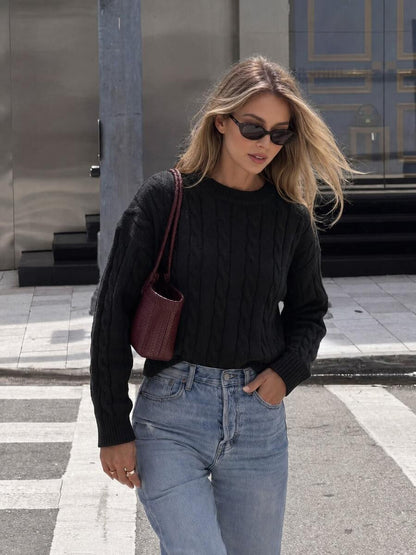 Marlowe Chunky Cable Knit Sweater Loose Crew Neck Pullover - Black