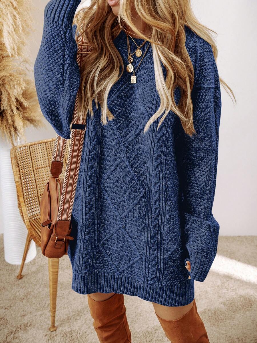 Cosima Oversized Textured Knit Drop Shoulder Sweater Dress - Apricot