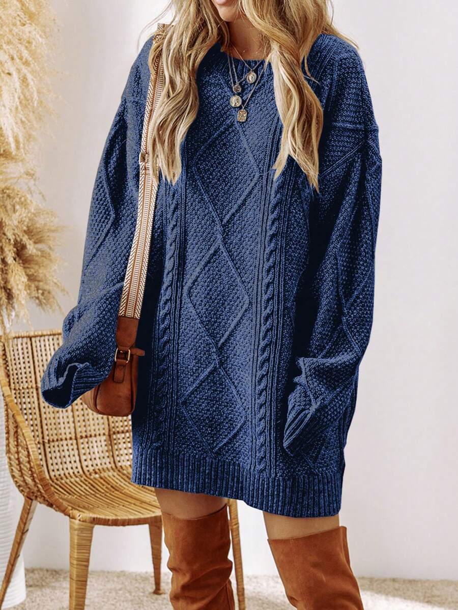 Cosima Oversized Textured Knit Drop Shoulder Sweater Dress - Apricot