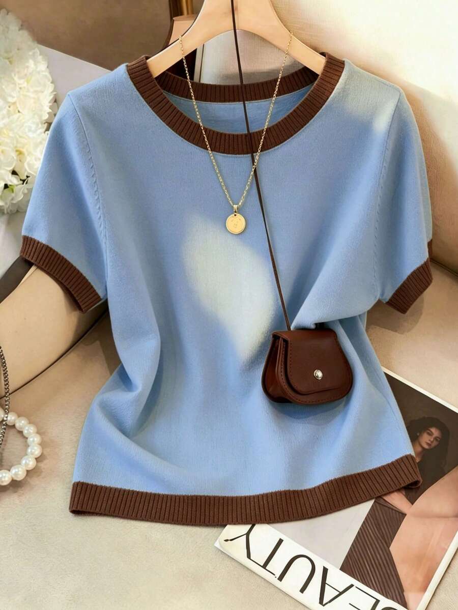 Women's Fine Knit Short Sleeve Top, Crew Neck Sweater Tee for Work and Layering - Baby Blue