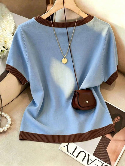 Women's Fine Knit Short Sleeve Top, Crew Neck Sweater Tee for Work and Layering - White