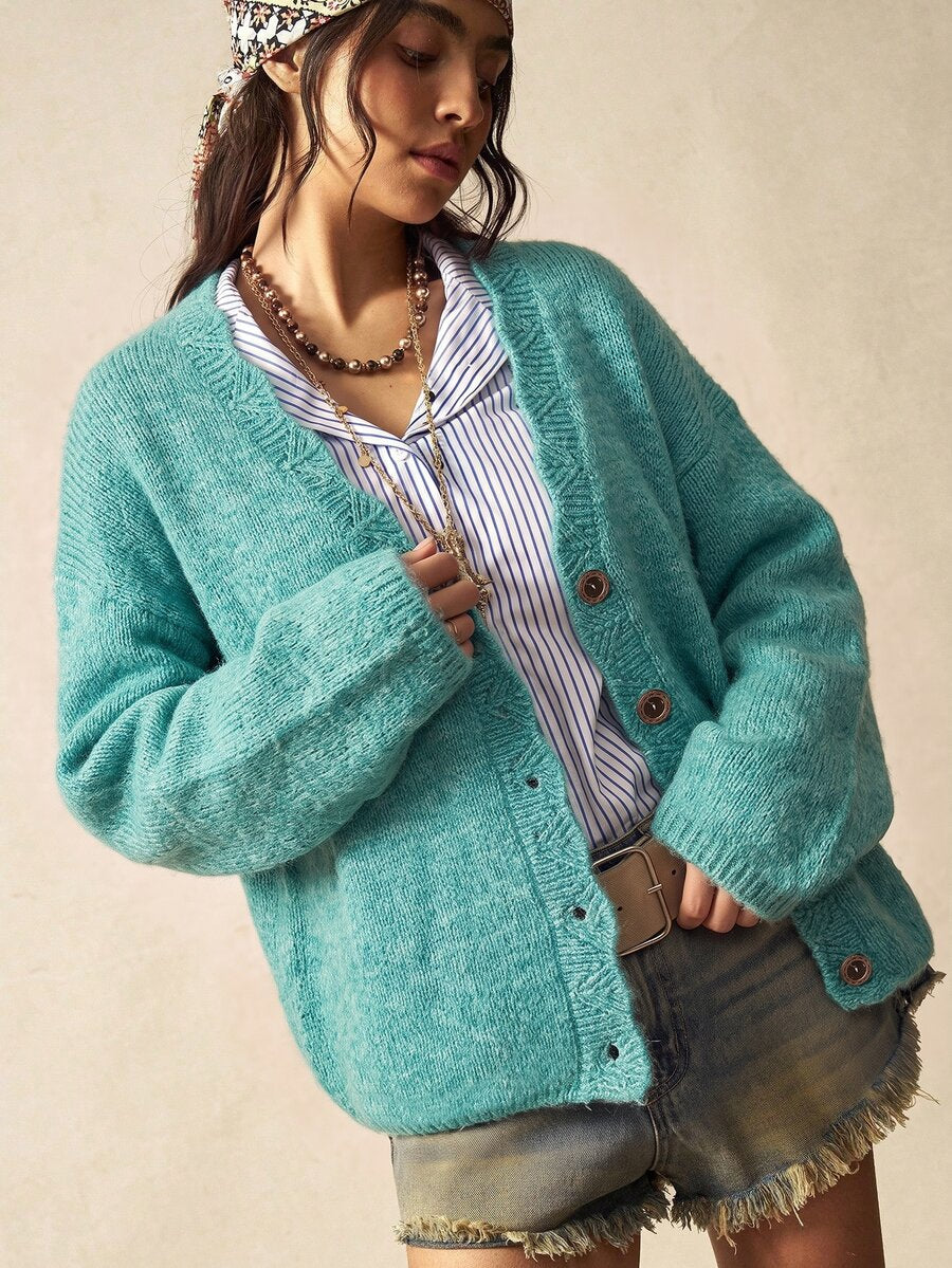 Megeve Oversized Fuzzy Knit Button Front Cardigan
