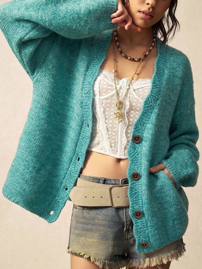 Megeve Oversized Fuzzy Knit Button Front Cardigan - Green