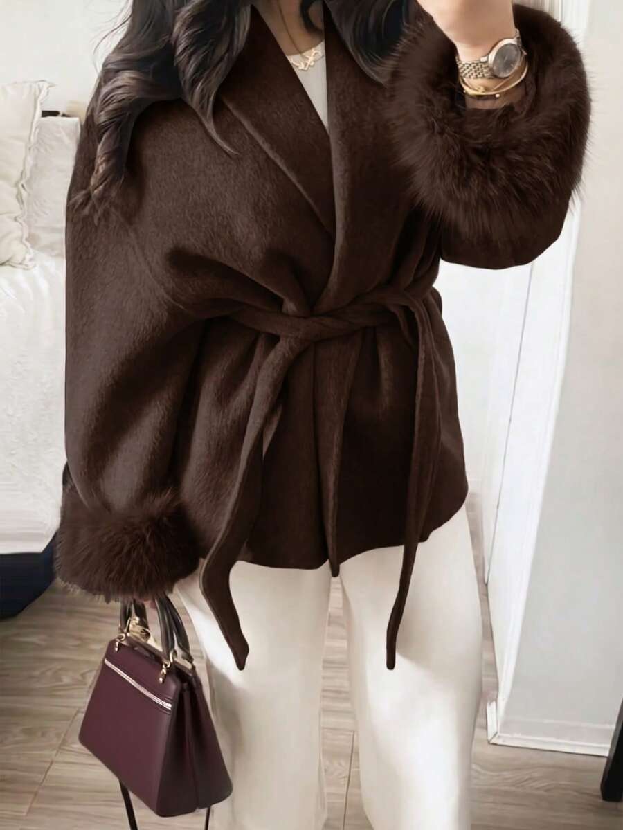 Flavia Belted Wrap Coat with Faux Fur Cuffs and Shawl Collar - Chocolate Brown