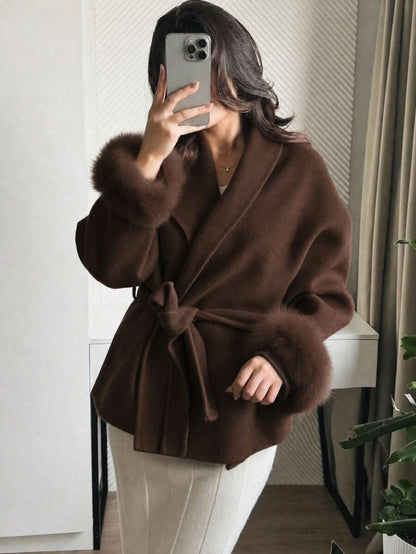 Flavia Belted Wrap Coat with Faux Fur Cuffs and Shawl Collar - Chocolate Brown