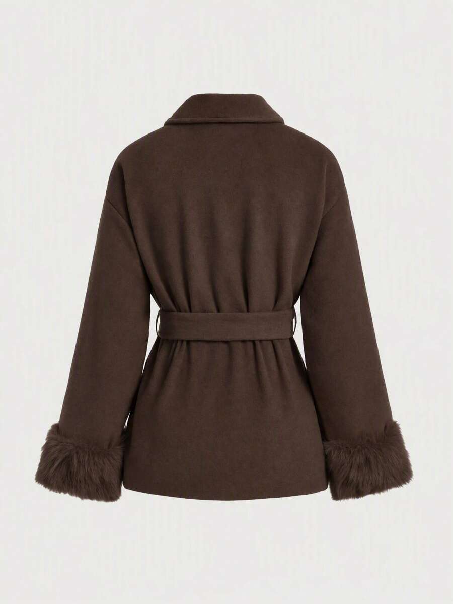 Flavia Belted Wrap Coat with Faux Fur Cuffs and Shawl Collar - Chocolate Brown