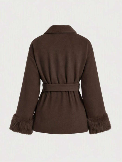Flavia Belted Wrap Coat with Faux Fur Cuffs and Shawl Collar - Chocolate Brown