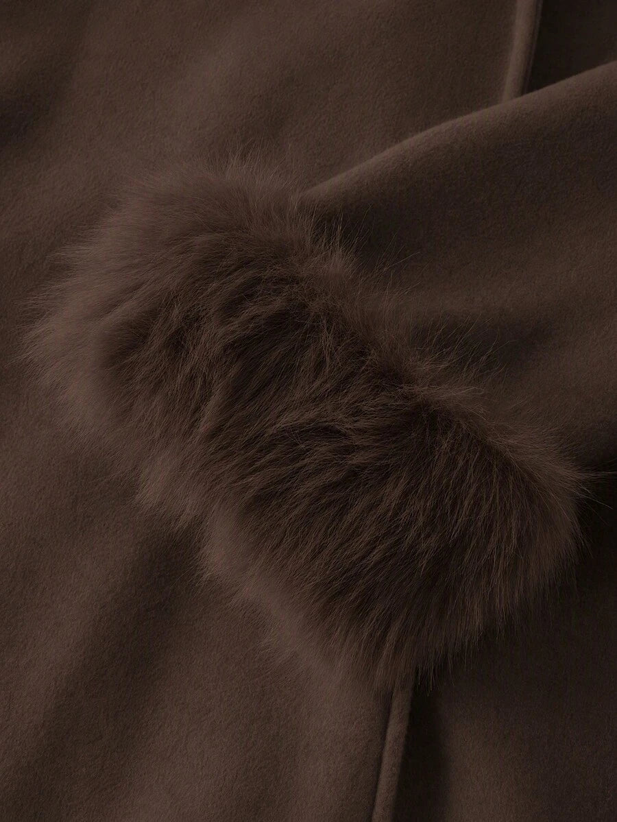 Flavia Belted Wrap Coat with Faux Fur Cuffs and Shawl Collar - Chocolate Brown