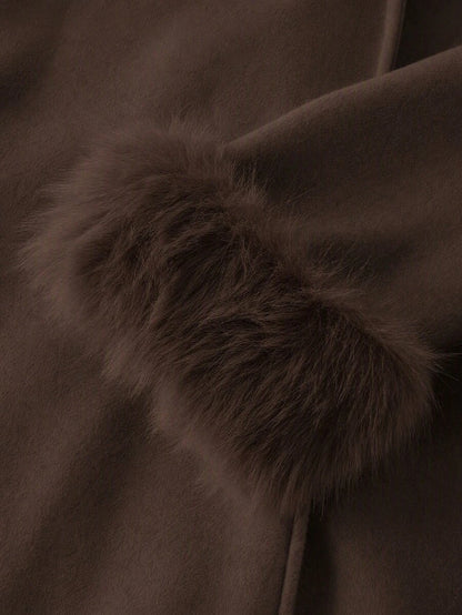 Flavia Belted Wrap Coat with Faux Fur Cuffs and Shawl Collar - Chocolate Brown