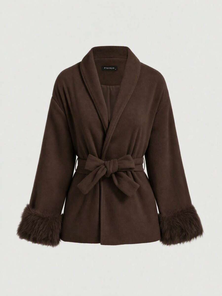 Flavia Belted Wrap Coat with Faux Fur Cuffs and Shawl Collar - Chocolate Brown