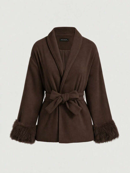 Flavia Belted Wrap Coat with Faux Fur Cuffs and Shawl Collar - Chocolate Brown