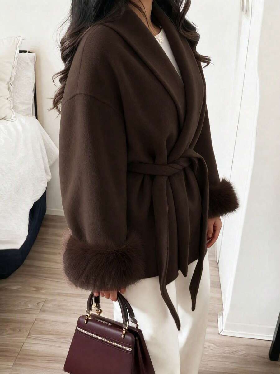 Flavia Belted Wrap Coat with Faux Fur Cuffs and Shawl Collar - Chocolate Brown