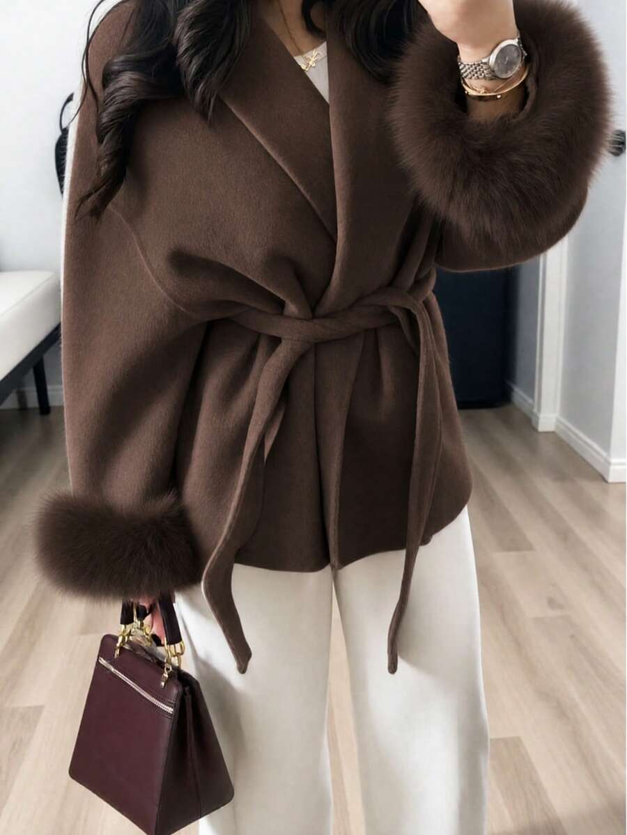 Flavia Belted Wrap Coat with Faux Fur Cuffs and Shawl Collar - Chocolate Brown