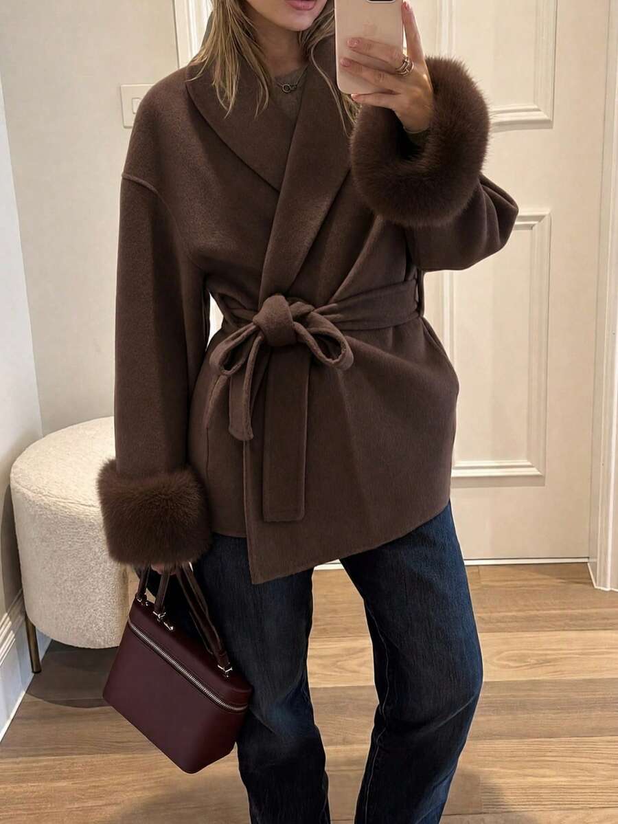 Flavia Belted Wrap Coat with Faux Fur Cuffs and Shawl Collar - Chocolate Brown