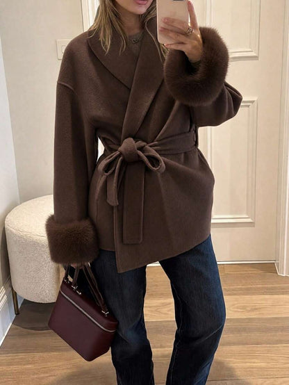 Flavia Belted Wrap Coat with Faux Fur Cuffs and Shawl Collar - Chocolate Brown