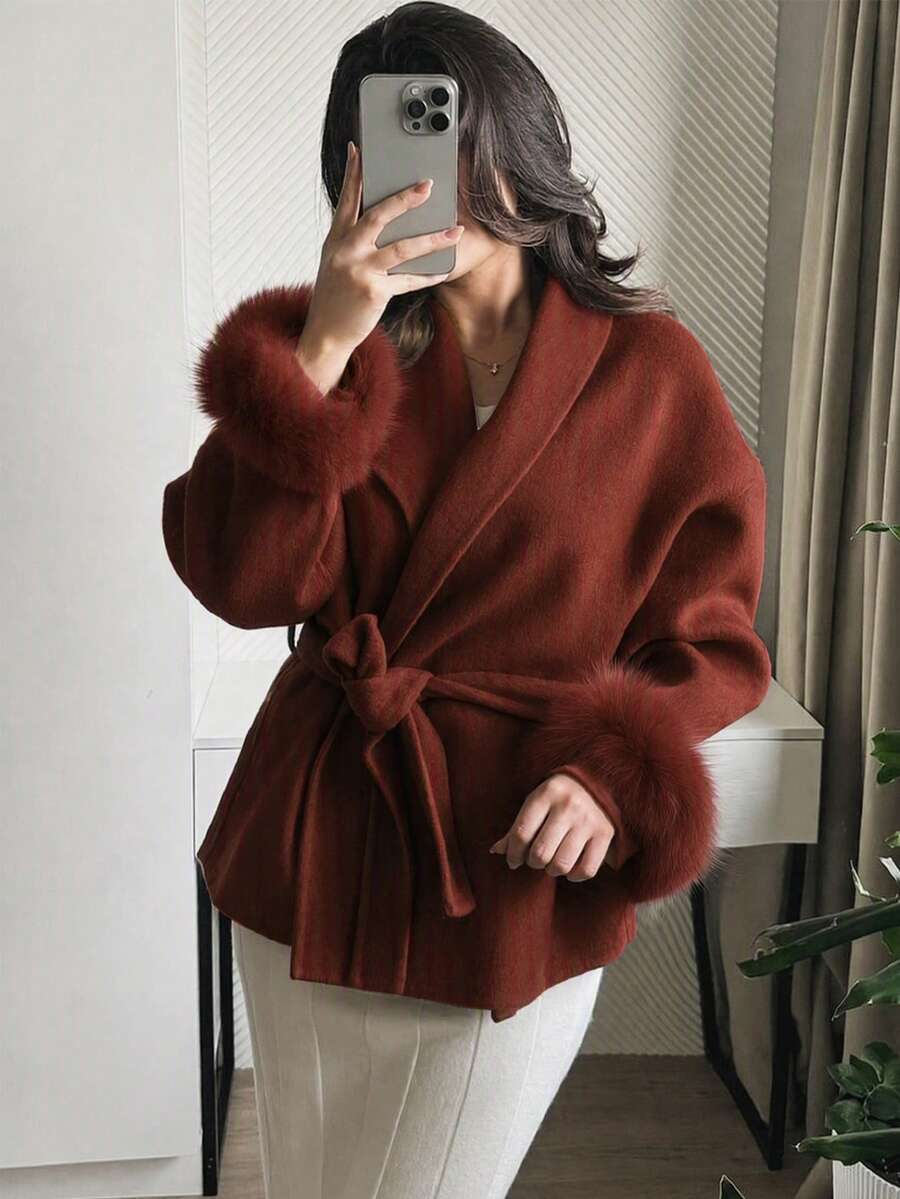 Flavia Belted Wrap Coat with Faux Fur Cuffs and Shawl Collar - Brick Red
