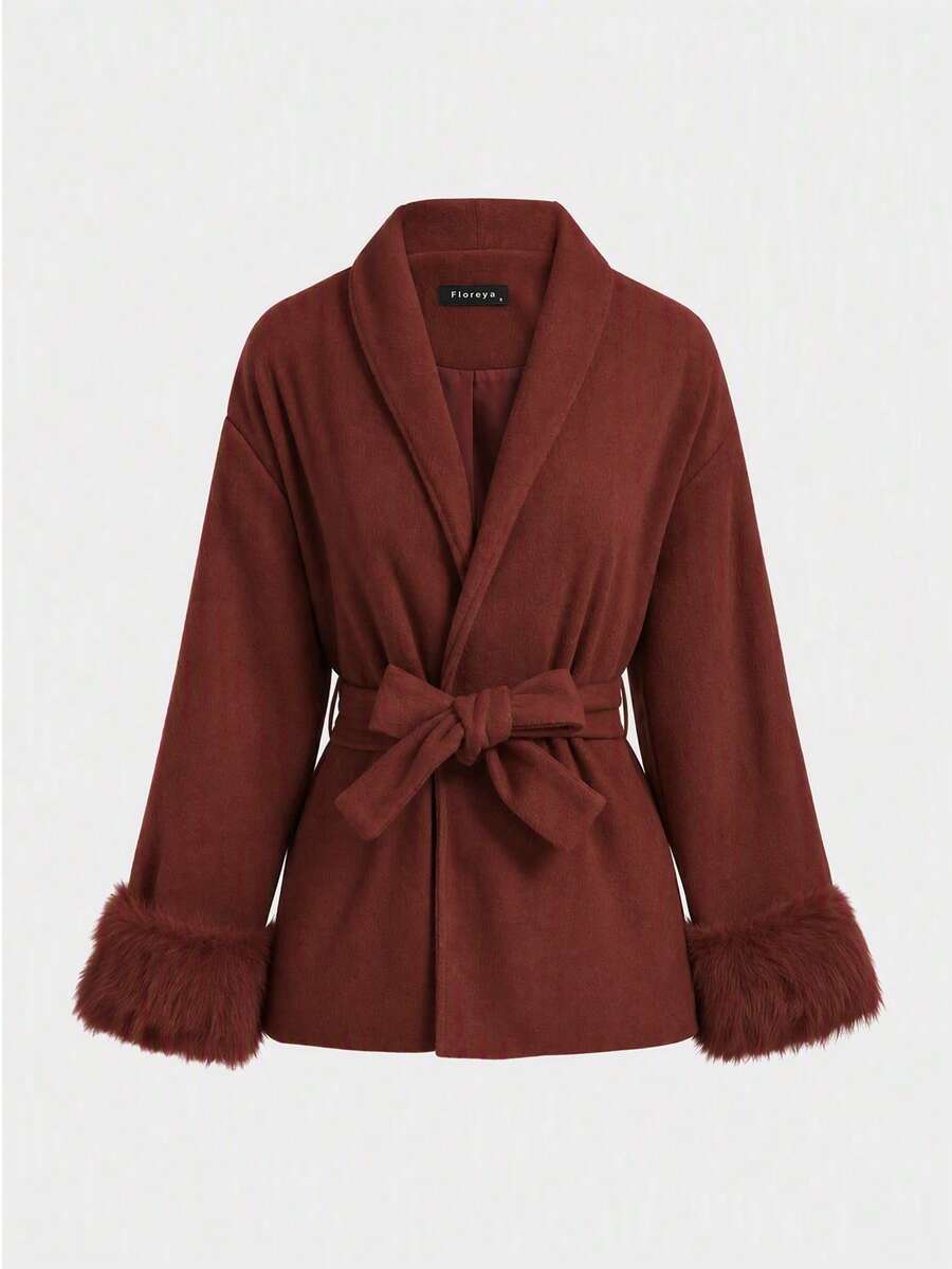 Flavia Belted Wrap Coat with Faux Fur Cuffs and Shawl Collar - Brick Red